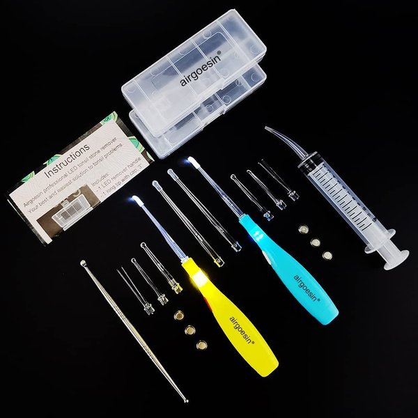 Airgoesin™ 6.75 inch Tonsil Stone Remover LED Tool Kit - 2 Sets, Oral Irrigation Syringe & Stainless Steel Pick, Tonsil Stone Removal Kit for Breath Freshening