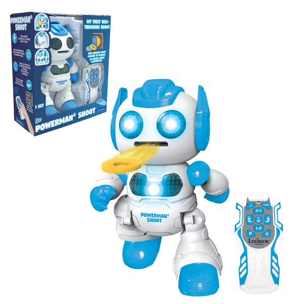 LEXiBOOK, Powerman Shoot - My First Throwing-disc Robot, Programmable Remote Control Robot, Plays Music and Dances, Sound and Light Effects, 12 Foam Discs, ROB17, White/Blue