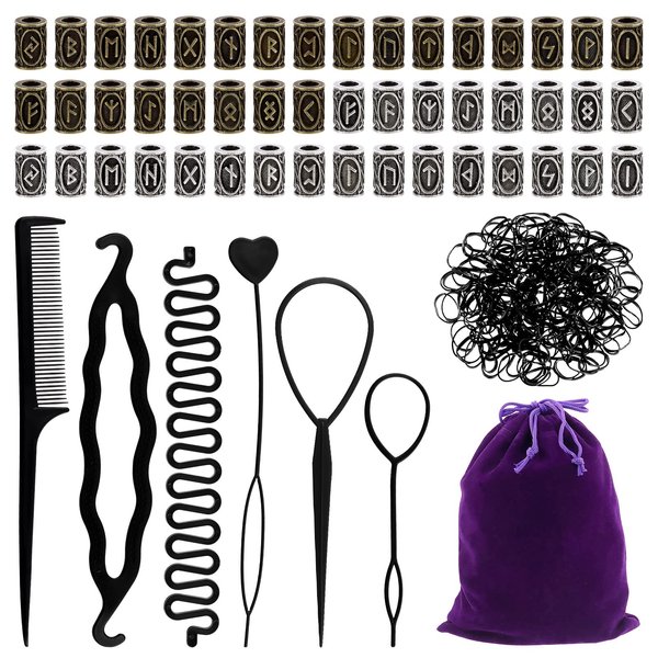 Tanstic 255Pcs 13mm Dark Bronze and Silver Viking Rune Beads Norse Viking Beads Hair Beard Beads Braiding Beads Including 6Pcs Pull Hairpin Quick Beader and 200Pcs Black Rubber Bands with a Bag