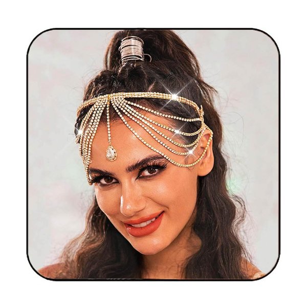 Sixexey Rhinestone Crystal Headband Sparkly Gold Hair Band Layered Tassel Wedding Party Hair Accessories for Women(Gold)