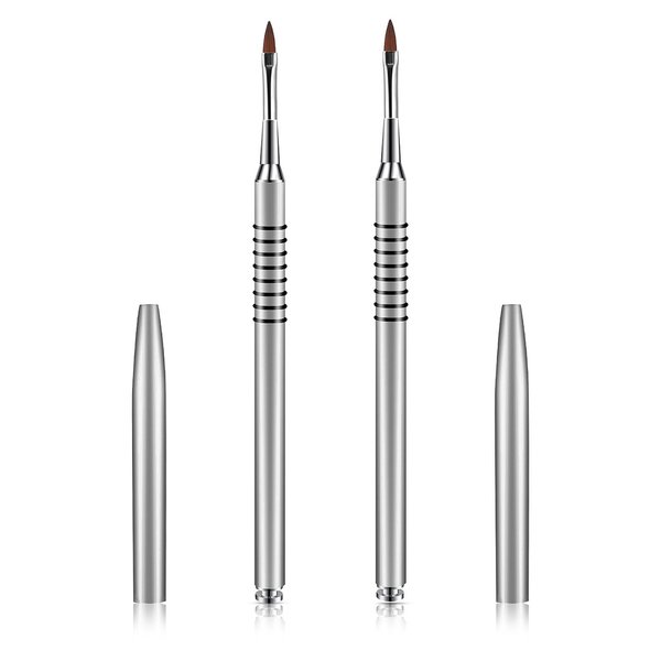 2 Pack 3D Nail Art Brush for Acrylic, Kolinsky Acrylic Nail Brushes Set, Nail Lining Brush Nail Salon Painting Brush Pen with Non-Slip Handle, Silver Metal Nail Art Pen (Size #2)