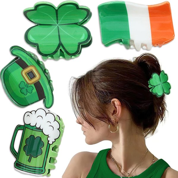 BASEMMAHER Green Shamrock Hair Claw Clips for St. Patrick's Day Hair Accessories Irish Flag Lucky Clover Hat Beer Hairpin Hair Barrettes for Women Girls Costume Hair Accessory Holiday Party Favor 4Pcs