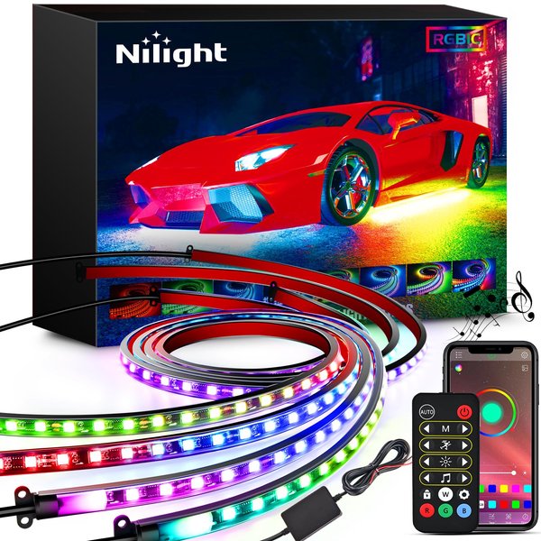 Nilight 4Pcs Car Underglow Neon Accent Strip Lights 256 LEDs RGBIC Multi Color DIY Sound Active Function Music Mode with APP Control and Remote Control Underbody Light Strips, 2 Years Warranty