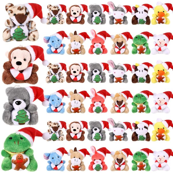 Blueweenly 36 Pcs Mini Christmas Stuffed Animal Bulk Christmas Plush Keychain Decorations Small Xmas Stuffed Plush Toy with Santa Hat Christmas Tree Plush Ornaments for Award Party Favors Gifts Decor