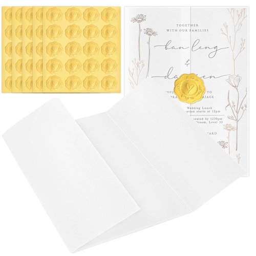 Jutieuo 100 Pack Pre-Folded Vellum Jackets for 5x7 Invitations, Translucent Vellum Paper Jackets with Stamp Stickers for Wedding Invitations
