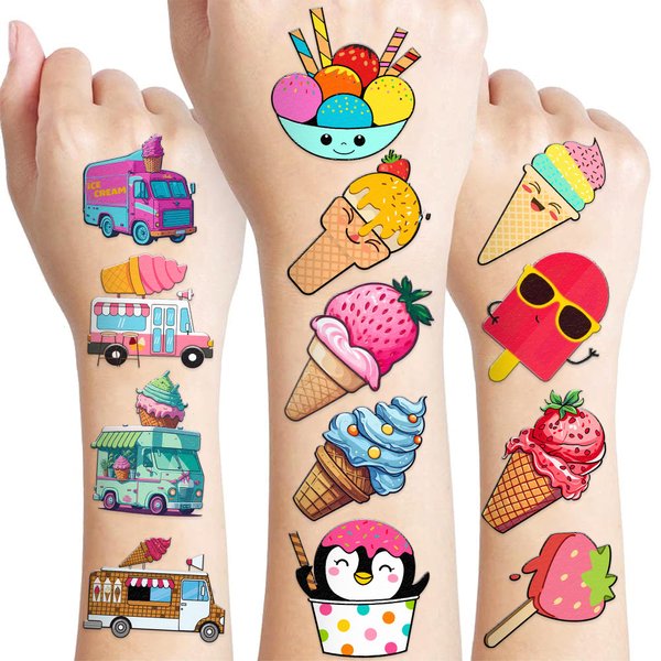 117 PCS Funny Ice Cream Popsicle Temporary Tattoos Summer Cone Party Decorations Favors Supplies Sweet Theme Birthday Cute Stickers Christmas Gifts Baby Shower Boys Girls Class School Prizes Carnival