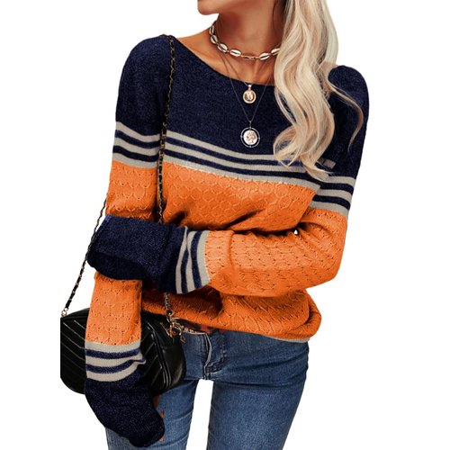 Danedvi Women Autumn Winter Colorblock Pullover Sweaters Round Neck Striped Slim Fitting Knitwear Tops Orange