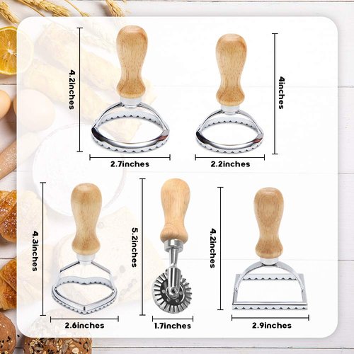 Chrider Ravioli Stamp Set (Set of 5), Ravioli Maker Cutter with Wooden Handle–for Ravioli, Pasta, Dumplings Lasagna, Pierogi, Leading Dough Cutter and Press Stamps