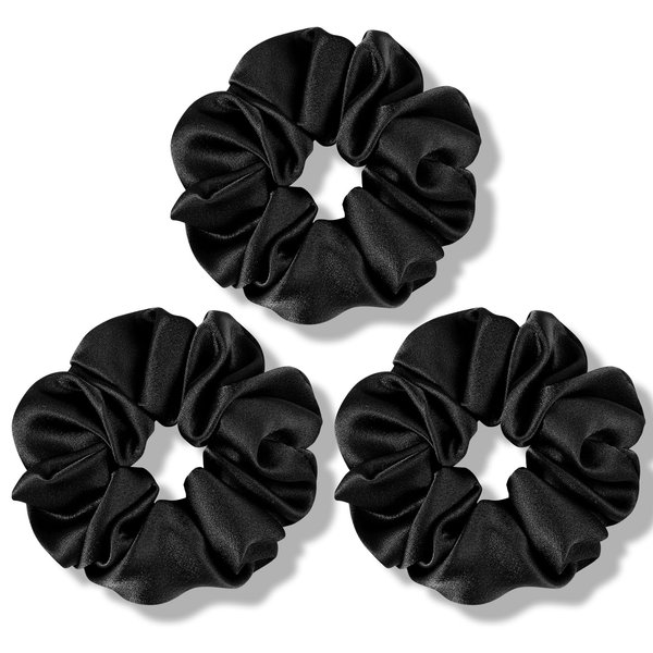 Fittia Silk Satin Hair Scrunchies for Women, Soft Silky Scrunchies for Hair with Elastics Band, 3 Pack, Black