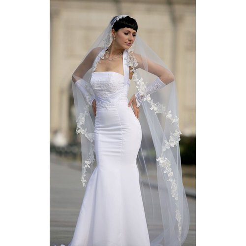 Bridal Wedding Mantilla Veil Ivory 1 Tier Long Cathedral LengthWith Lace Edge