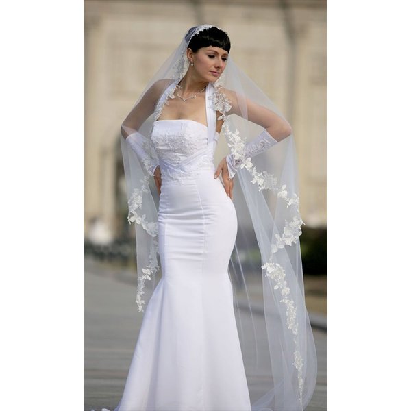 Bridal Wedding Mantilla Veil Ivory 1 Tier Long Cathedral LengthWith Lace Edge