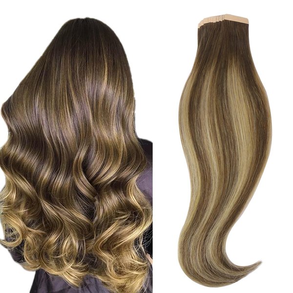 HOTBANANA Tape in Hair Extensions, 20 Inch Tape in Hair Extensions Human Hair 20pcs 50g Chocolate Brown Mixed Caramel Blonde Balayage Tape Hair Extensions Straight Remy Human Hair Tape in Extensions