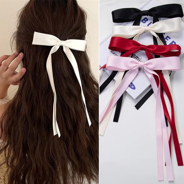 4 PCS Ribbon Hair Clips Bowknot With Long Tail,Bow Hair Clips,Hair Clips for Women with Bowknot Clips,Hair Bows for Women Ribbon for Hair Barrettes Bow clips(Black, Cream White, Pink, Wine Red)