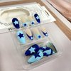 Blue French Tip Press on Nails Medium Almond Fake Nails Blue Full Cover False Nails With Dark and Light Blue Star Designs Acrylic Stick on Nails Reusable Artificial Nails for Women Glue on Nails 24Pcs