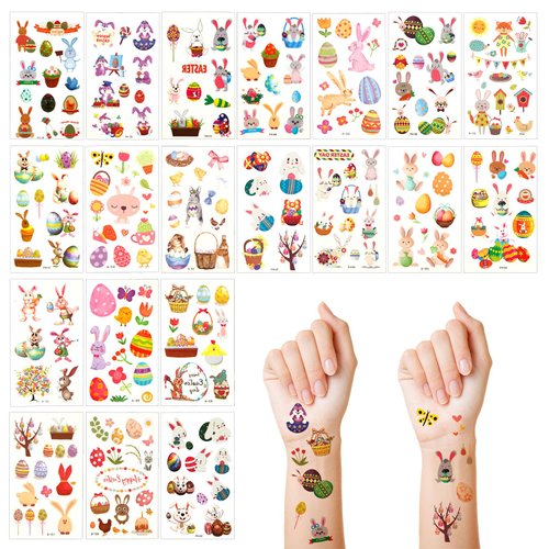 20 Sheets Easter Tattoo Sticker for Kids, Various Styles Colorful Egg Basket Bunny Temporary Tattoos Cute Rabbit Tattoo Easter Party Favors Gift Bag Stuffer