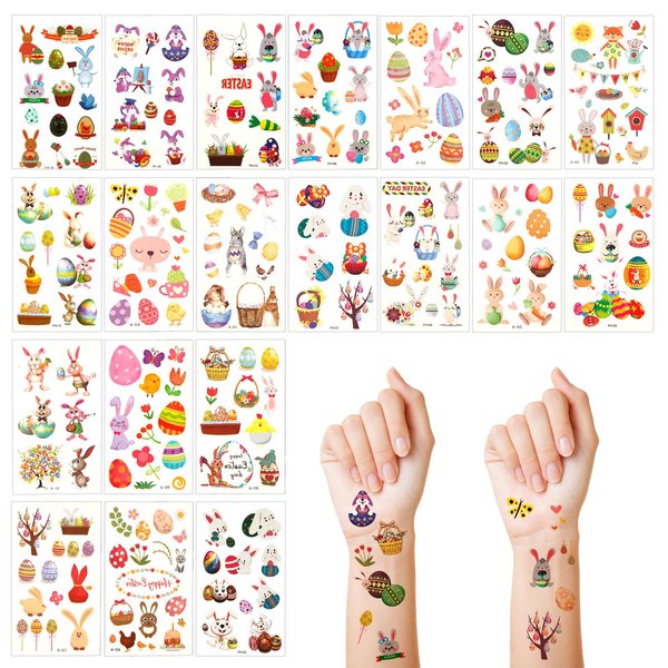 20 Sheets Easter Tattoo Sticker for Kids, Various Styles Colorful Egg Basket Bunny Temporary Tattoos Cute Rabbit Tattoo Easter Party Favors Gift Bag Stuffer