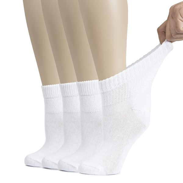 Hugh Ugoli Women's Cotton Diabetic Ankle Socks, Wide, Thin, Loose Fit and Stretchy, Seamless Toe & Non Binding Top, 4 Pairs, White, Shoe Size: 10-12