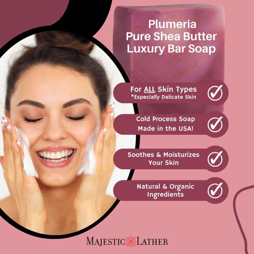 Majestic Lather Plumeria Luxury Handmade Bar Soap for Face & Body. Gentle Cleansing, Moisturizing & Nourishing - Shea Butter & Natural Oils. Cold Process. For All Skin Types.5.0 Oz.