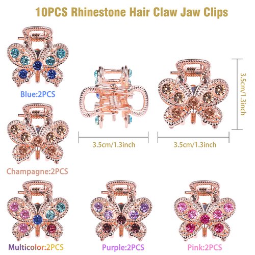 QXUJI 10PCS Rhinestone Hair Claw Jaw Clips, Crystal Metal No-slip Hair Grip Clamps, Mini Butterfly Bangs Clip Bow Hair Claw Gripper, for Women Girls Hair Pins