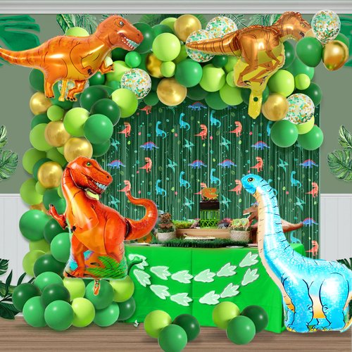 AIBIIN 95pcs Dinosaur Birthday Party Decorations for Boys Jungle Safari Dinosaur Foil Fringe Curtain Birthday Balloon Arch Garland Kit Three Rex T-Rex Birthday Baby Shower Party Decorations Balloons