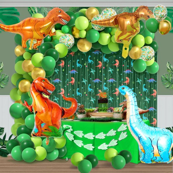 AIBIIN 95pcs Dinosaur Birthday Party Decorations for Boys Jungle Safari Dinosaur Foil Fringe Curtain Birthday Balloon Arch Garland Kit Three Rex T-Rex Birthday Baby Shower Party Decorations Balloons