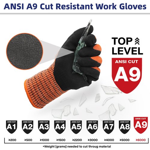Schwer Highest Level Cut Resistant Work Gloves for Extreme Protection, ANSI A9 Working Gloves with Sandy Nitrile Coated, Touch-screen Compatible, Durable, Machine Washable, Hi- Vis Orange 1 Pair（L）