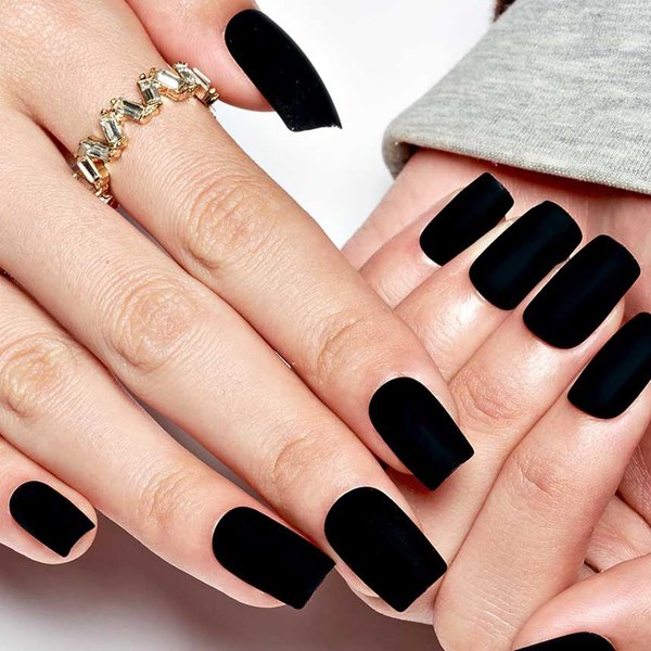 GLAMERMAID Press on Nails Medium Square,Velvet Black False Nails with Glue,24 Pcs Glue on Nails Reusable UV Finish Fake Nails Acrylic Stick on Nails Manicure Kits for Women Girls