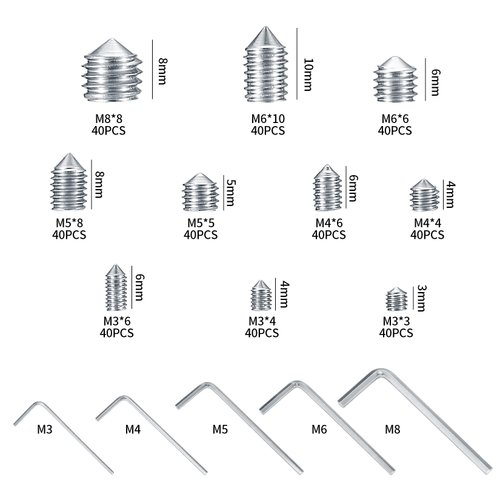 400 Pcs Set Screw Assortment Kit, Hex Allen Head Socket Cup Point Screws Set, Metric M3/M4/M5/M6/M8 nternal Hex Drive Grub Set Screws for Door Handles, Bathroom Fixture, with Hex Wrenches