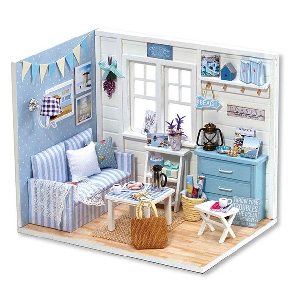 TuKIIE DIY Miniature Dollhouse Kit with Furniture, 1:24 Scale Creative Room Mini Wooden Christmas Doll House Accessories Plus Dust Proof for Kids Teens Adults(Beach Cottage)