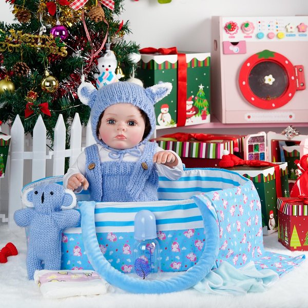 ARTST 9PCS Baby Doll Accessories,Knitted Reborn Baby Doll Clothes with Bassinet for 17-22 inch Newborn Baby Dolls Boys(No Doll)