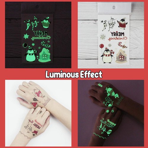 Partywind 10 Sheets Luminous Merry Christmas Temporary Tattoos for Kids, Christmas Party Decorations Supplies Favors