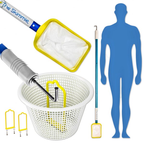 The Skimmie Small Pool Skimmer Net with 3-Section Pole & Stainless Steel Hook, Two Skimmer Basket Handles, Fine Mesh Net & Skimmie Dip - Hands-Free Removal of Debris, Bugs, Frogs and Small Animals