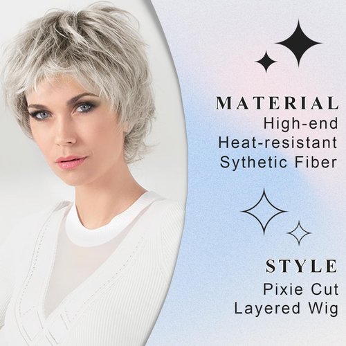 Jolelyne Short Blonde Pixie Cut Wig with Bangs Ombre Light Brown and Dark Brown Wig Short Curly Wigs for White Black Women Wavy Fluffy Layered Synthetic Hair Wig Natural Looking Ash Blonde Wig