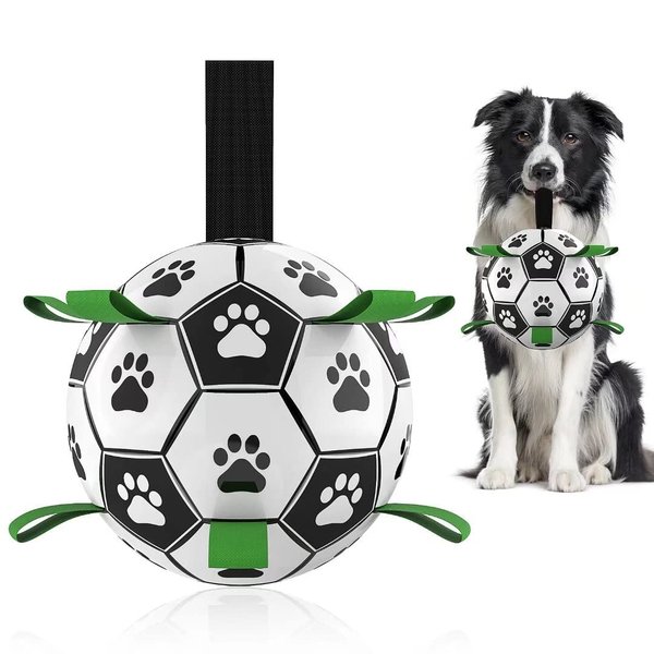 QDAN Dog Toys Soccer Ball with Straps, Interactive Dog Toys for Tug of War, Puppy Birthday Gifts, Dog Tug Toy, Dog Water Toy, Durable Dog Balls World Cup for Small & Medium Dogs（6 Inch）