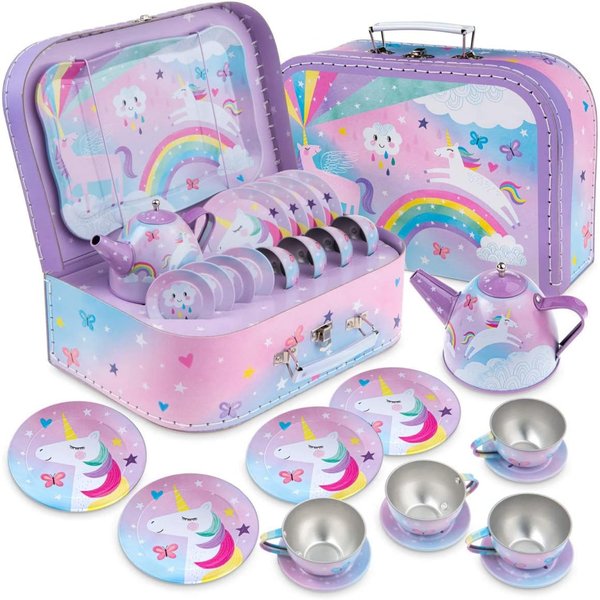 Jewelkeeper Toddler Toys Tea Set for Little Girls - 15 Pcs Tin Tea Set for Kids Tea Time Includes Teapot, 4 Tea Cup and Saucers Set & 4 Snack Plates , Unicorn Tea Party Set with Carrying Case