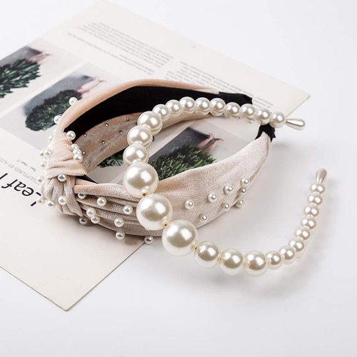Pearl Headbands Vintage Artificial Pearl Headbands Hair Hoop Twisted Velvet Tie Beading Wide Hairband Hair Accessories Hair Barrettes for Women Lady - 2 Packs