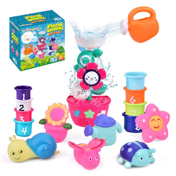16Pcs Bath Toys for Toddlers, Flower Waterfall Water Station Garden Squirter Toys, Stacking Cups Watering Can Shower Toy,Fun Bath Time Toys for Kids Girls and Boys Age 1-5