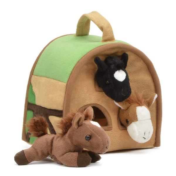 Unipak Farm House with Black, Brown and Spotted Horse Finger Puppets, 9"