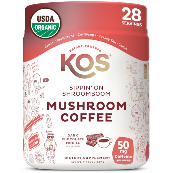 KOS Mushroom Coffee - Dark Chocolate Mocha Flavor - Organic Instant Coffee Mix with Reishi, Cordyceps, Lion's Mane, Chaga & Turkey Tail Mushrooms