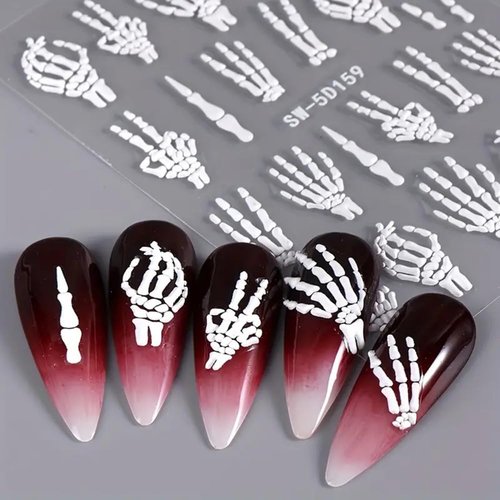 Halloween Skull Nail Art Stickers Skeleton Bones Nail Art Decals 3 Sheets 5D Embossed Finger Skull Nail Stickers Self-Adhesive Hand Bones Nail Sliders Halloween DIY Manicure Supplies for Women Girls