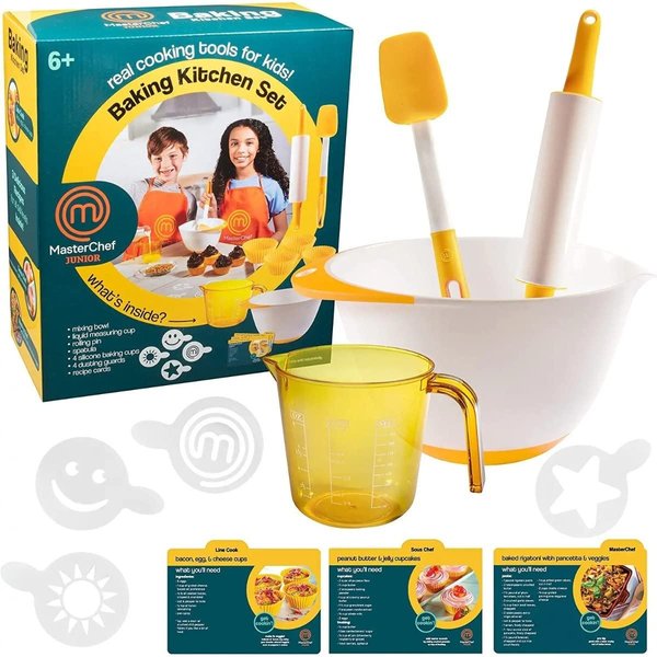 MasterChef Junior Baking Kitchen Set for Kids - 7 Pc. Kit Includes Real Cooking Tools for Kids, Mixing Bowl, Rolling Pin, Cups, Recipes, Birthday Summer Gift Party- Ages 6+, Make Homemade Treats
