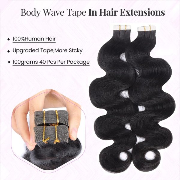 Long 26Inch Body Wave Tape in Hair Extensions Natural Wave Human Hair Invisible Tape Ins Natural Black Hair for Black Women Real Hair Tape in Extensions 40Pcs 100G Double Sided Tape in Hair Extension