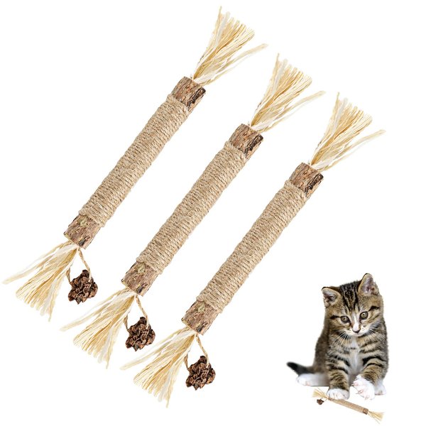 TOYMIS 3pcs Natural Silvervine Sticks, Silvervine Cat Toys Catnip Chew Sticks for Cats Kitten Teething Toys Cat Teeth Cleaning Toy