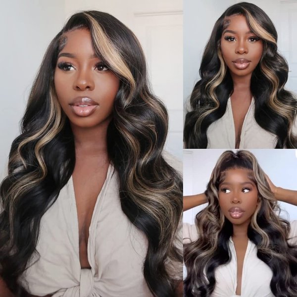 UNICE Bye Bye Knots Glueless Wig Body Wave 7x5 Pre Cut Lace Front Wigs Human Hair Bleached Knots Balayage Black Blonde Highlights Put on and Go Human Hair Wig Pre Plucked 150% Density 18 inch