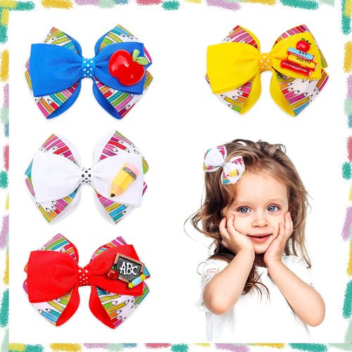 Estivaux 4 PCS Welcome Back to School Hair Bows for Girls, Apple Book Hair Clips Red Yellow Grosgrain Ribbon Bows First Day of School Hair Accessories for Girls Kindergarten Party Favor Supplies