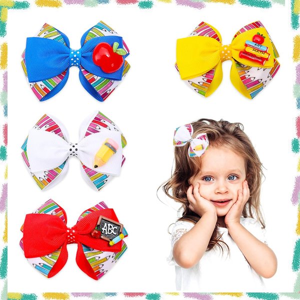 Estivaux 4 PCS Welcome Back to School Hair Bows for Girls, Apple Book Hair Clips Red Yellow Grosgrain Ribbon Bows First Day of School Hair Accessories for Girls Kindergarten Party Favor Supplies