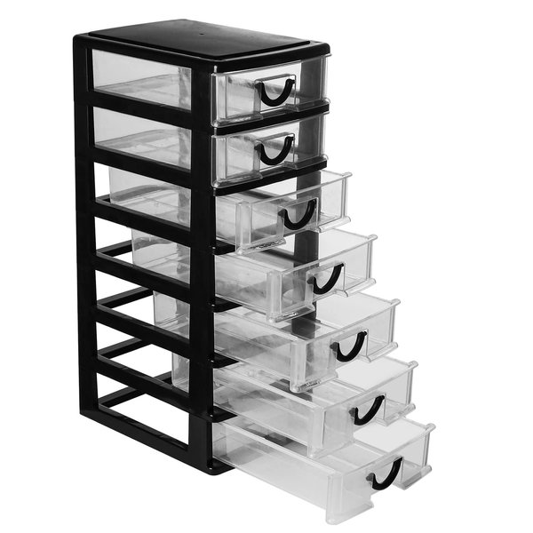 Rempry Mini Plastic Drawers Organizer, 7.1"x5.1"x13.2" Small Storage Drawers Containers with 7 Clear Drawer Units, Black