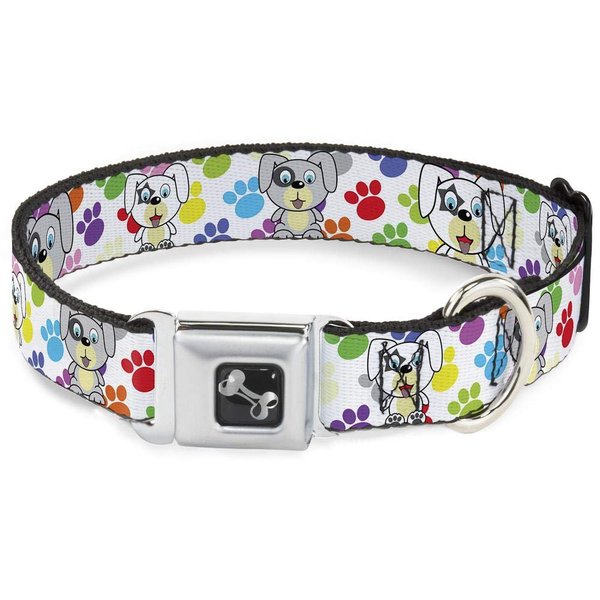 Buckle-Down Seatbelt Buckle Dog Collar - Puppies w/Paw Prints White/Multi Color - 1" Wide - Fits 9-15" Neck - Small