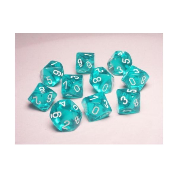 Chessex Dice Sets: Teal with White Translucent - Ten Sided Die d10 Set (10)