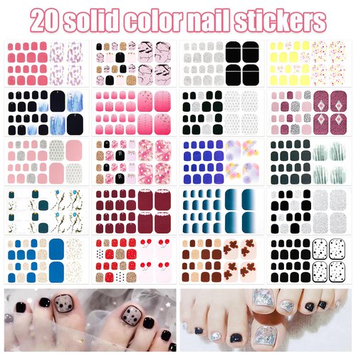 YECIRALA 20 Sheets 440 Pcs Self Adhesive Toe Nail Polish Stickers Full Nail Wraps for Women Girls Glitter Gradient Toenails Stickers Gel Nail Strips Nail Polish Stickers for Toes Nails Stick On Nails